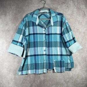 Habitat Top Women Size XL Blue Plaid Button Down Shirt 3/4 Sleeve Coastal Casual
